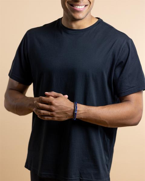 Doppeltes Armband mit schwarzem italienischem Leder und blauem Tigerauge-Stein - Double Night